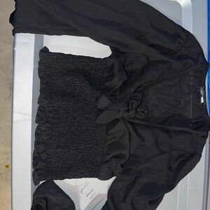 Fashion Nova Black Off-the-Shoulder Smocked Tie-Front Sweater